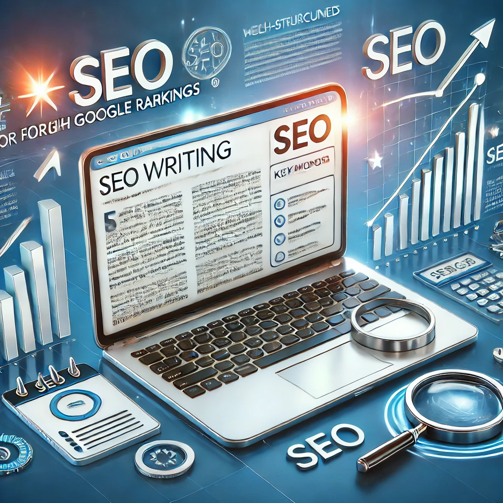 Ilustração moderna representando técnicas de como escrever artigos otimizados para SEO, com elementos visuais de análise de palavras-chave e estratégias de ranqueamento.