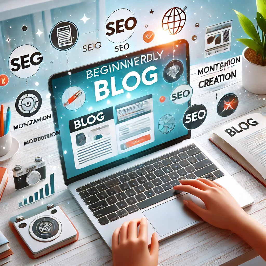 Ilustração digital mostrando um laptop com um painel de blog aberto, cercado por ícones representando ferramentas essenciais para construir um blog para iniciantes, como SEO, monetização e criação de conteúdo.