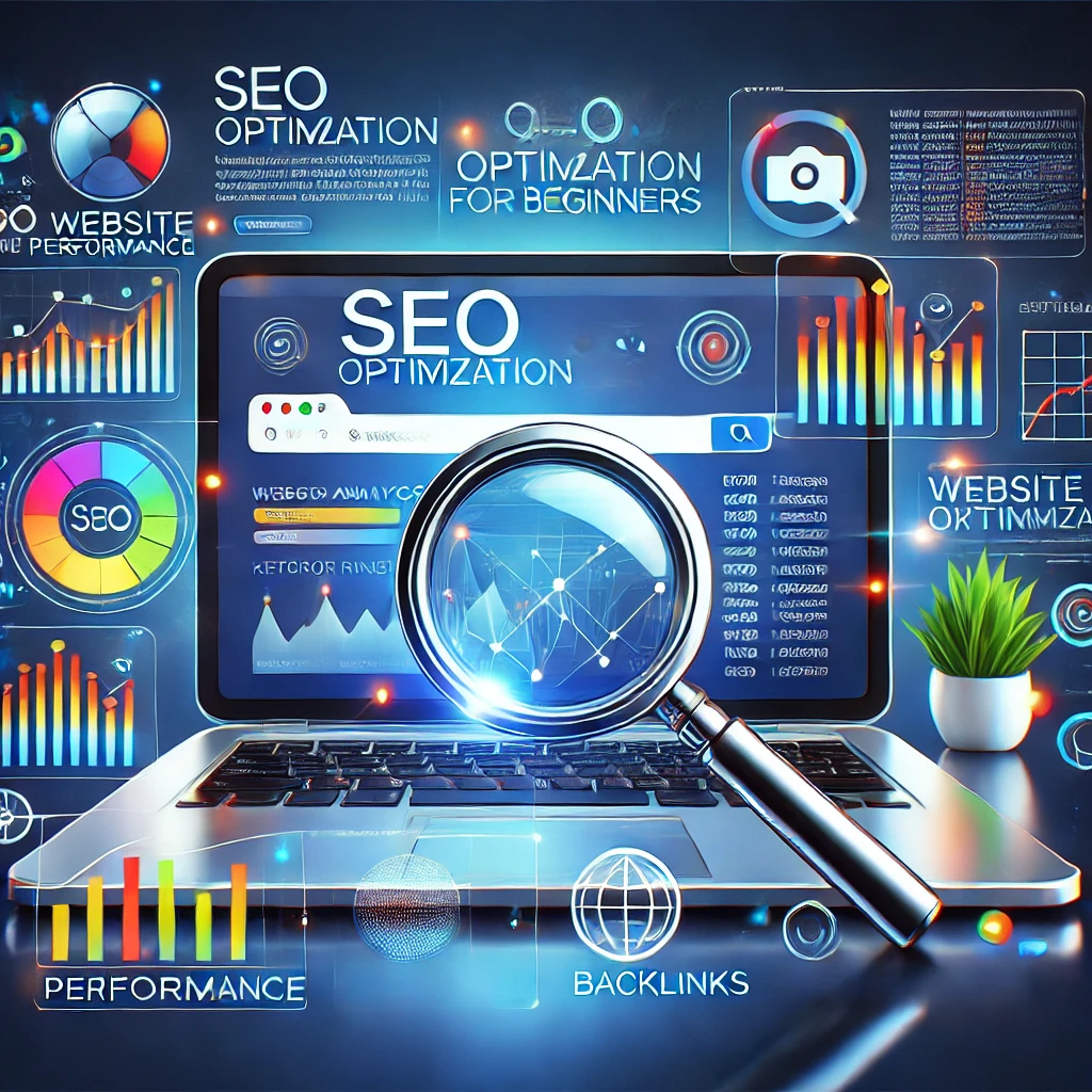 Ilustração digital representando SEO para iniciantes, com um laptop exibindo gráficos de otimização, palavras-chave e um ícone de pesquisa no Google.