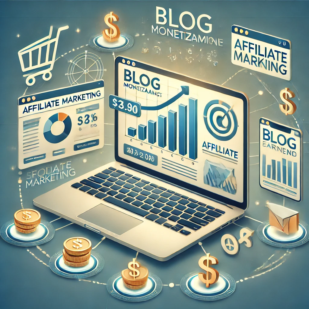 Ilustração digital representando estratégias de como monetizar um blog com afiliados, com gráficos de crescimento, laptop e ícones de marketing digital.